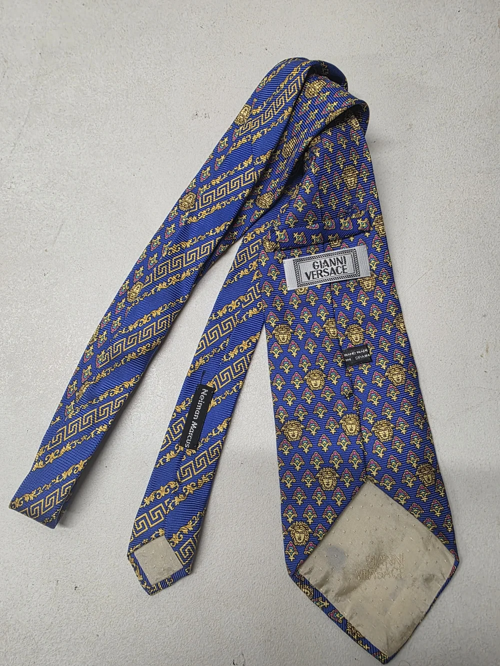 Vintage Gianni Versace 100% Silk Tie Blue Medusa Greek Key Made Italy